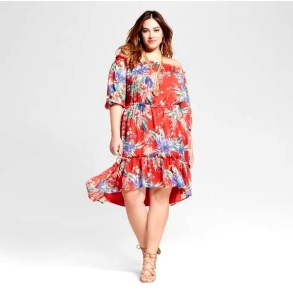 Red Floral Print Off The Shoulder Chiffon High-Low Dress Size 2X 18 20 Plus Size - Picture 1 of 7